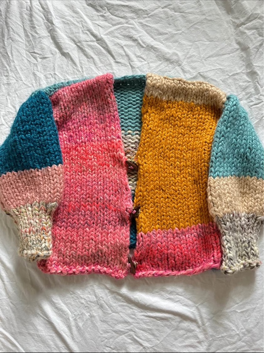 Chunky Colorblock Women’s Cardigan - Pink, Mustard & Teal